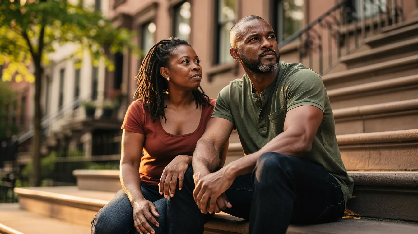 The image captures a Black romantic couple in their late 30s sitting closely on the stone steps of a quiet Manhattan side street, exuding a sense of calm determination. Bathed in warm evening light, they share a moment of connection, suggesting they are navigating emotional challenges together, embodying the principles of cognitive behavioral therapy as they choose a new path forward.