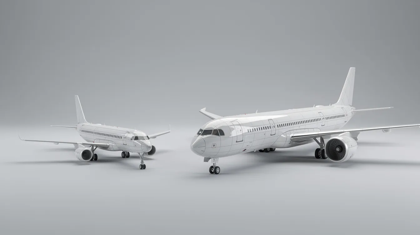 The image shows a side-by-side comparison of a small airliner model and a larger model, both displayed against a neutral background. This visual highlights the incredible details of the aircraft models, perfect for collectors and enthusiasts alike.