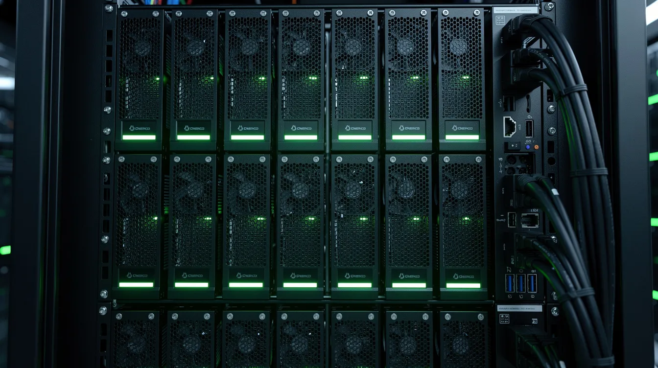 The image depicts a modern GPU server rack illuminated by glowing green LED indicator lights, showcasing a high-performance setup ideal for deep learning tasks such as training neural networks and deploying complex models. This advanced hardware is designed to handle dynamic computation graphs and facilitate efficient training processes with multiple GPUs.