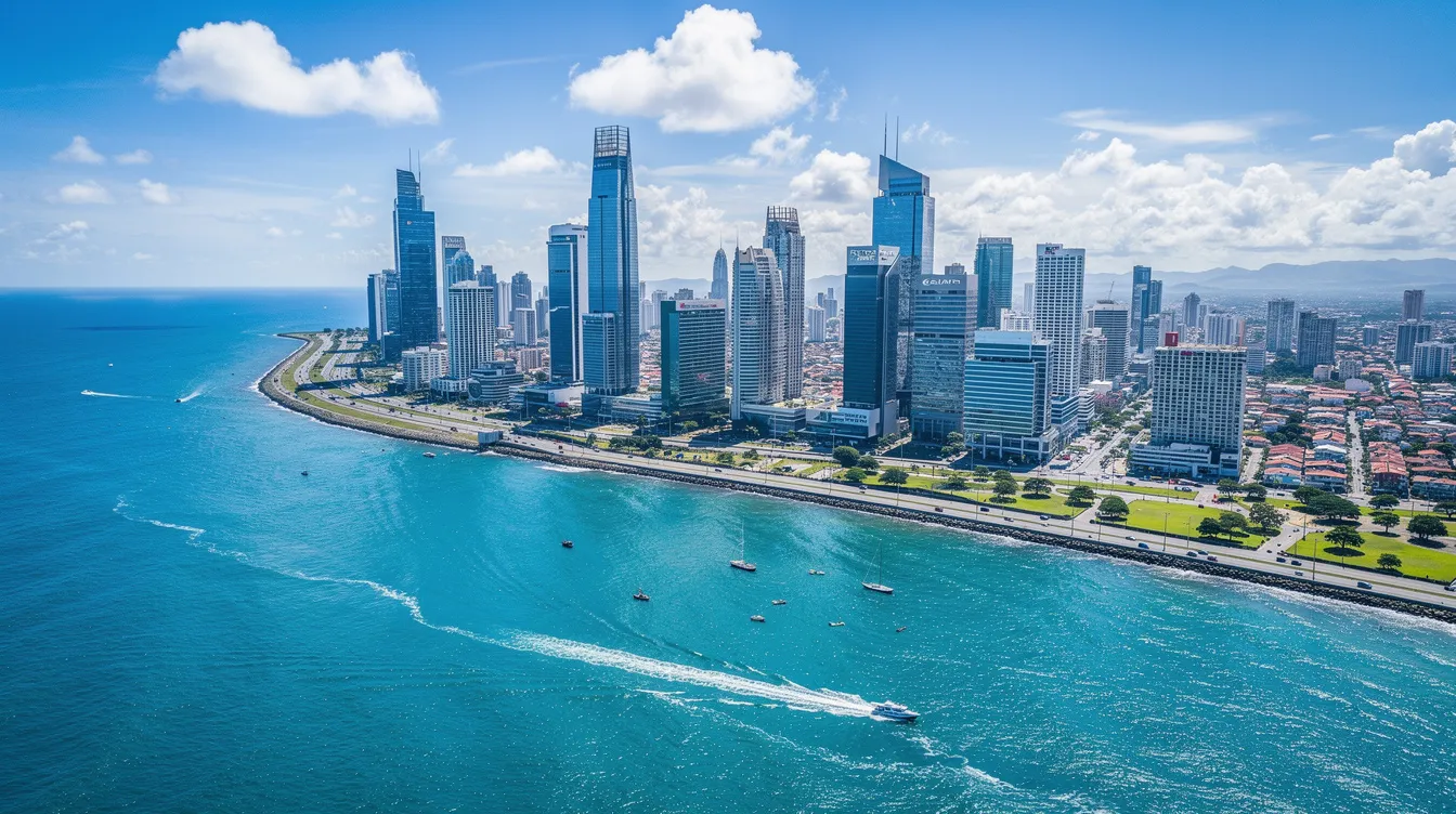 An aerial view of Panama City showcases its impressive skyline filled with modern skyscrapers lining the waterfront, complemented by the vibrant blue ocean. This scene reflects the city's status as a hub for international banking and financial institutions, making it an attractive location for those interested in opening a bank account in Panama or exploring offshore banking options.