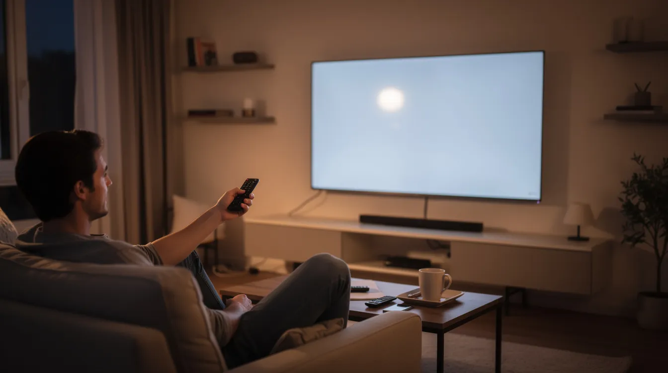 Una persona está usando un control remoto frente a una televisión moderna en una sala, disfrutando de contenido de IPTV en alta definición. La atmósfera es acogedora, y la televisión muestra una interfaz de usuario amigable con una lista de canales y opciones de streaming.