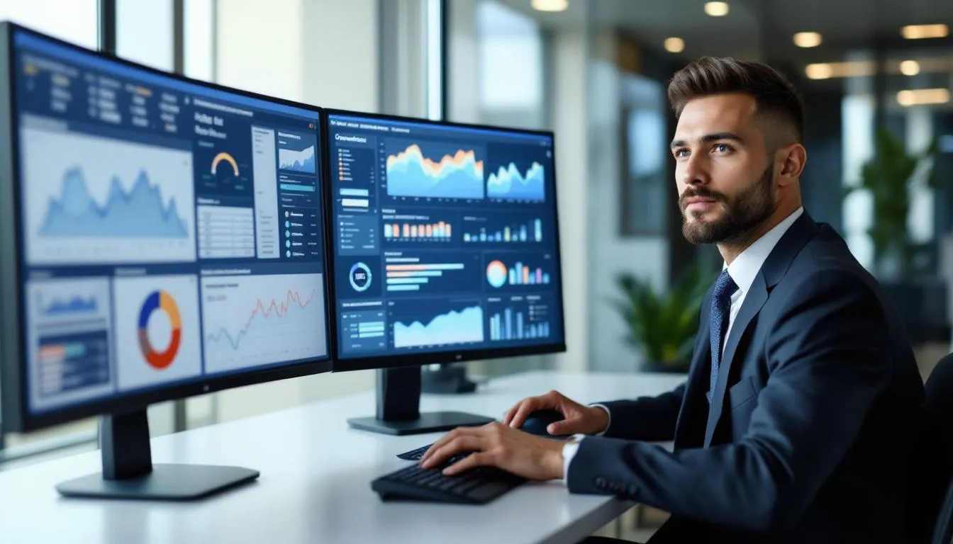 Hotel manager analyzing performance data on multiple screens displaying key metrics such as customer acquisition costs, marketing ROI, and direct bookings, illustrating the importance of data-driven decisions in hotel marketing and guest acquisition.
