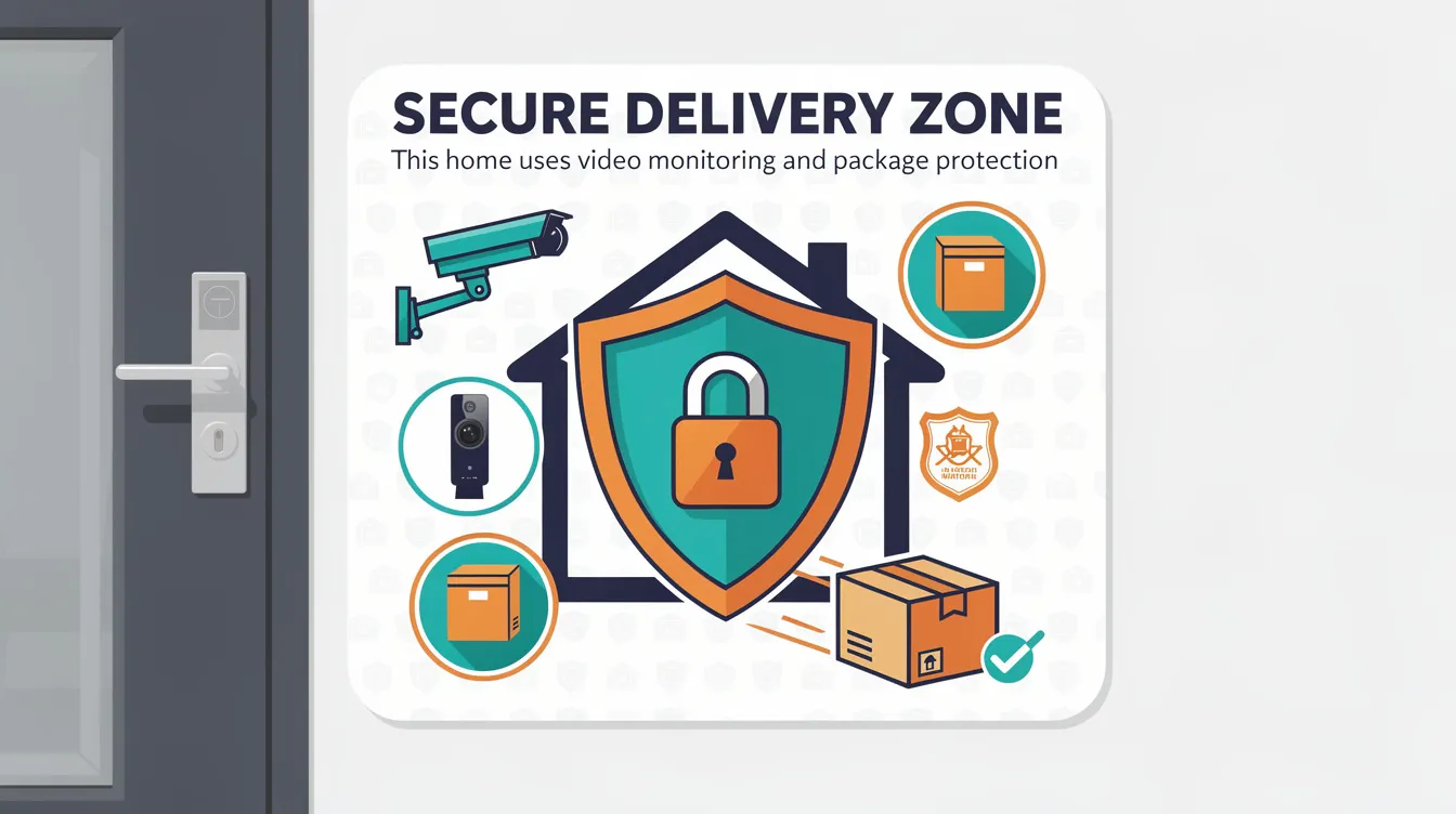 A sign indicating the presence of home security measures to deter package theft.