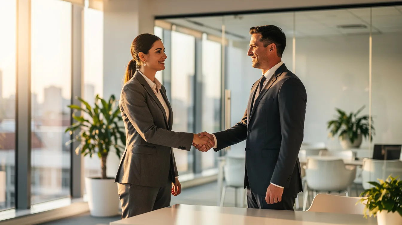 The image shows a confident professional in a bright, modern office, engaging in a firm handshake, symbolizing a successful business agreement. This scene conveys professionalism and trust, which is essential for individuals seeking low-interest loans or financial services, such as 公務員 低 息 貸款.