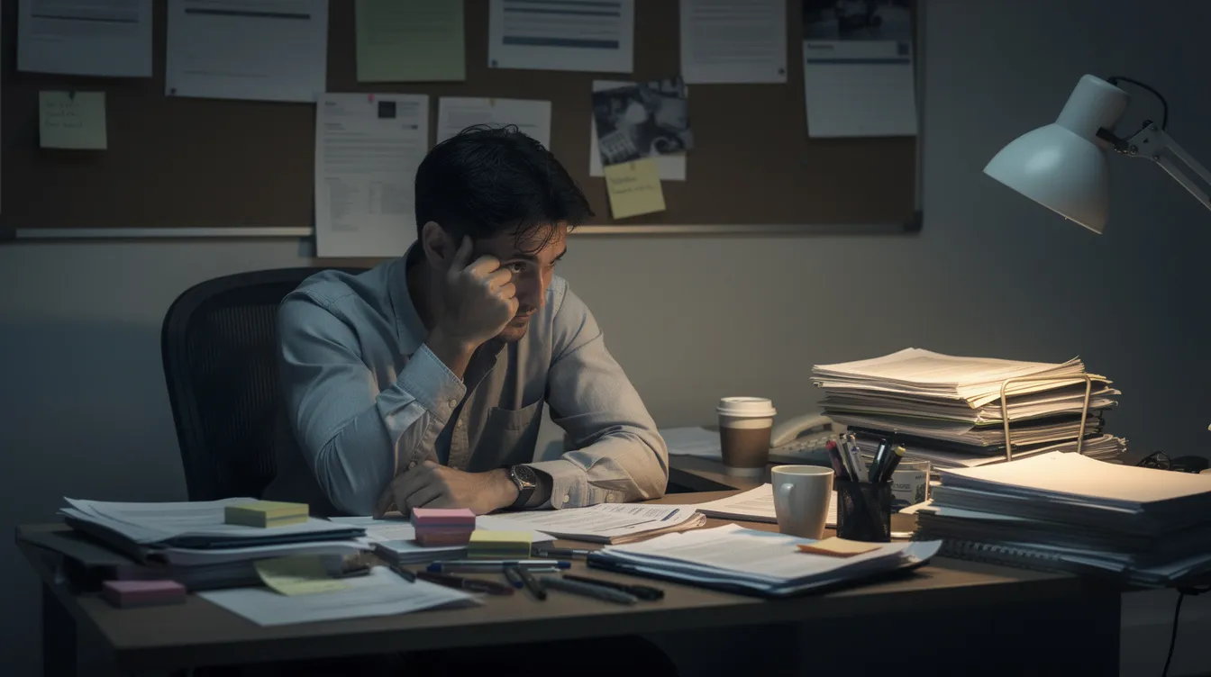 Une personne assise à un bureau encombré dans un bureau faiblement éclairé, semblant épuisée avec la tête posée sur sa main. Cette image évoque le stress et la fatigue liés au travail, soulignant l'importance de prendre du recul pour préserver sa santé mentale et son bien-être.