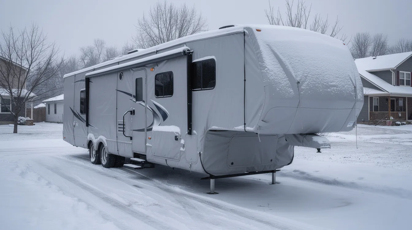 A fifth wheel RV is parked in a driveway, securely covered with a fitted protective cover to ensure its safety during the winter off season. The cover helps protect the vehicle from UV damage and harsh weather, making it an essential item for RV owners.