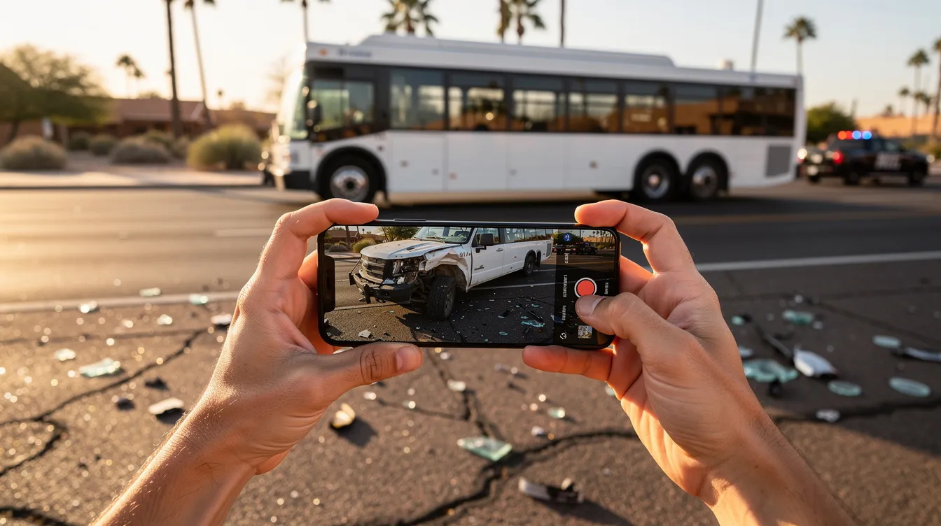 A person is focused on documenting a bus accident scene in Phoenix, Arizona, using their smartphone, while a large, featureless white city bus looms in the background. The foreground features a damaged vehicle with visible front-end damage and debris scattered on the ground, emphasizing the seriousness of the incident and the importance of gathering evidence for potential bus accident claims.