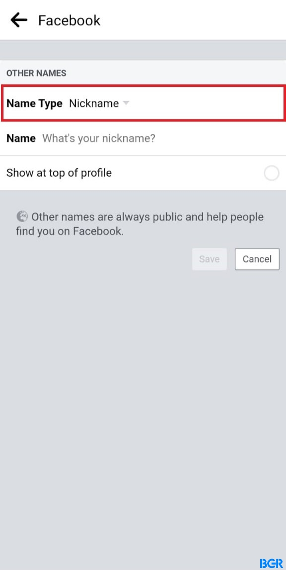 Choose name type to change your name on Facebook to a nickname
