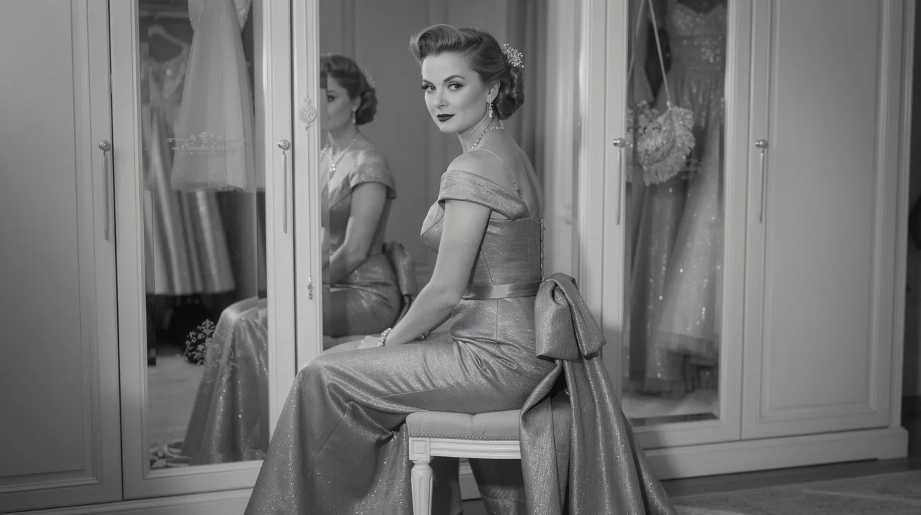 Das Bild zeigt eine elegante Frau der 1950er Jahre, die in einem aufwendigen Abendkleid vor einem großen Garderobenspiegel sitzt. Die Schwarzweißfotografie vermittelt einen nostalgischen Eindruck, der an die glamouröse Filmgeschichte erinnert, wie sie in "All About Eve" mit Bette Davis und Anne Baxter dargestellt wird.