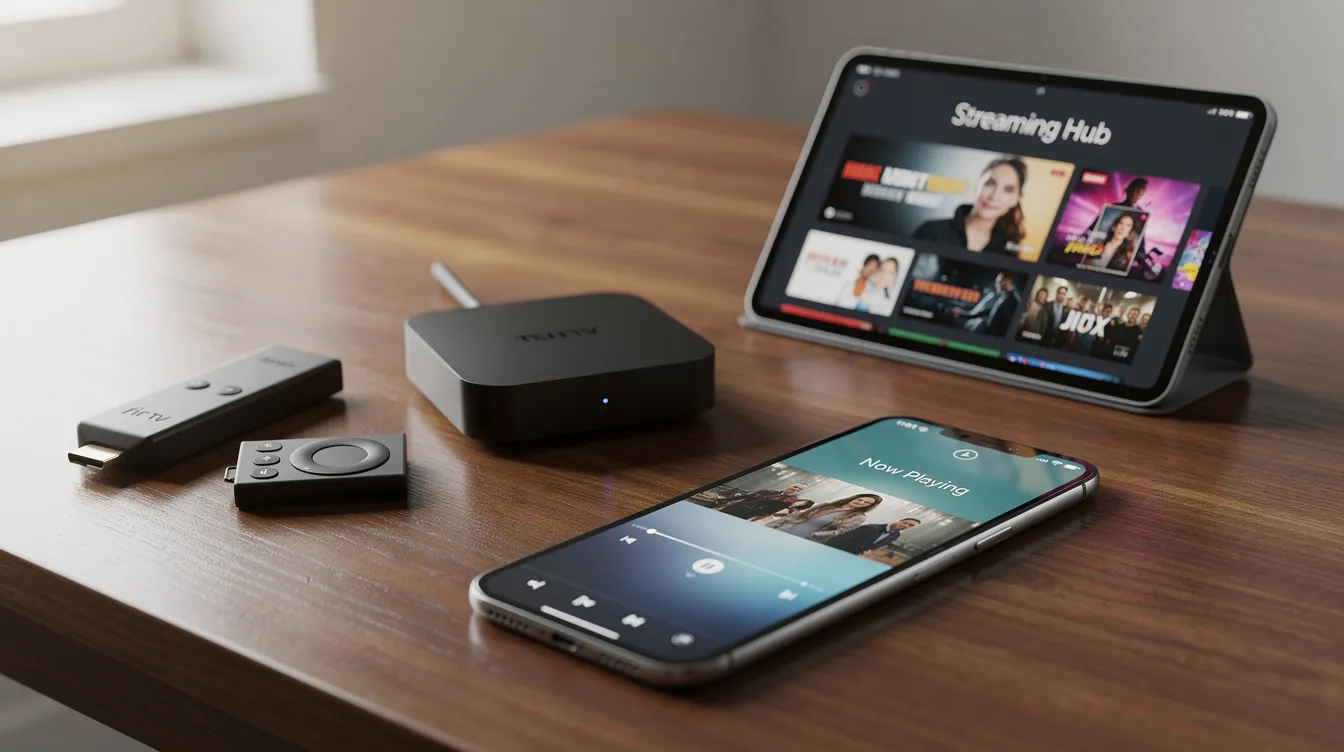 The image features a variety of streaming devices on a wooden table, including a Fire TV stick, a small Android box, a tablet, and a smartphone, showcasing options for accessing IPTV service and live TV channels. This setup highlights the convenience of using multiple devices for reliable streaming and premium IPTV technology.