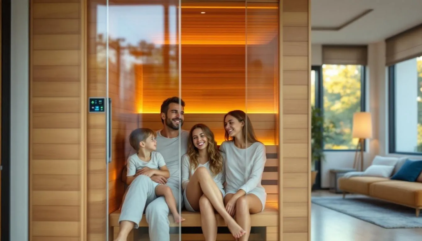 A family is enjoying a relaxing infrared sauna session in a modern home setting, showcasing visible safety features. The infrared sauna provides gentle heat therapy that penetrates the body directly, offering health benefits such as improved cardiovascular health and muscle recovery.