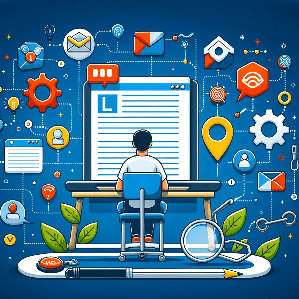 Imagen ilustrativa de guest blogging con un blogger, conseguir enlaces web y símbolos de colaboración, ideal para marketing digital. | Posiciona.Digital