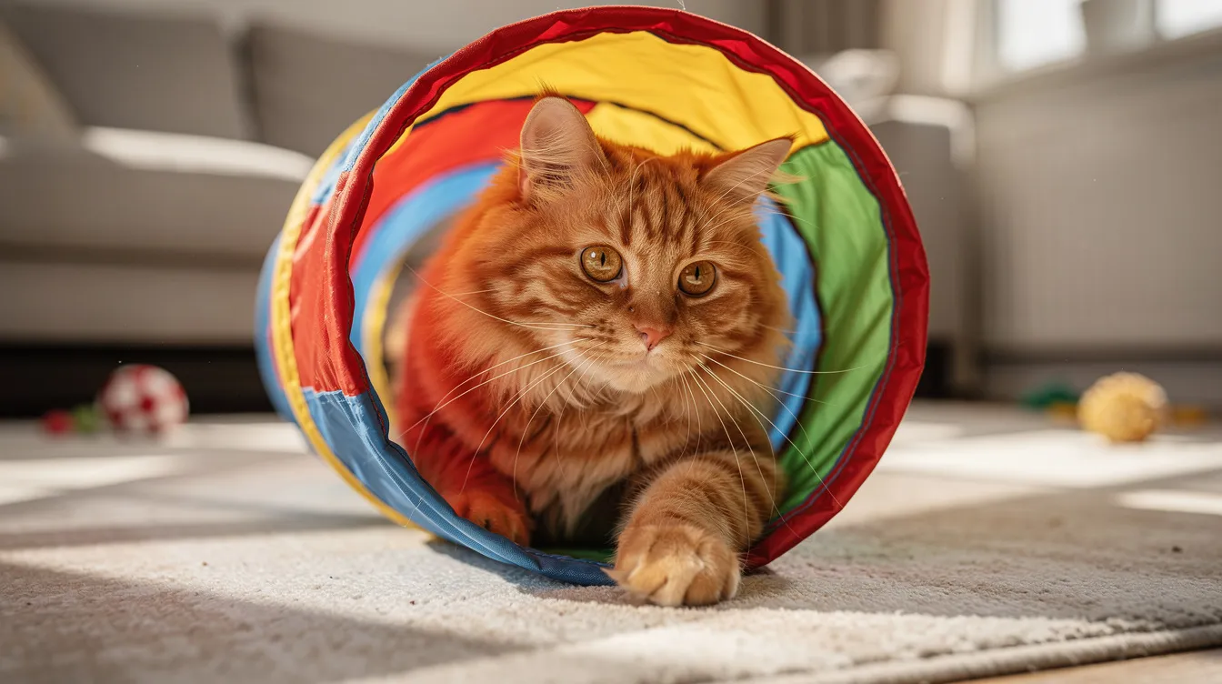 A fluffy orange tabby cat is peeking out from inside a colorful fabric play tunnel on the living room floor, showcasing its playful nature and interest in this fun cat toy. The vibrant tunnel provides a cozy hiding space for the cat, making it an enjoyable spot for playtime and exploration.