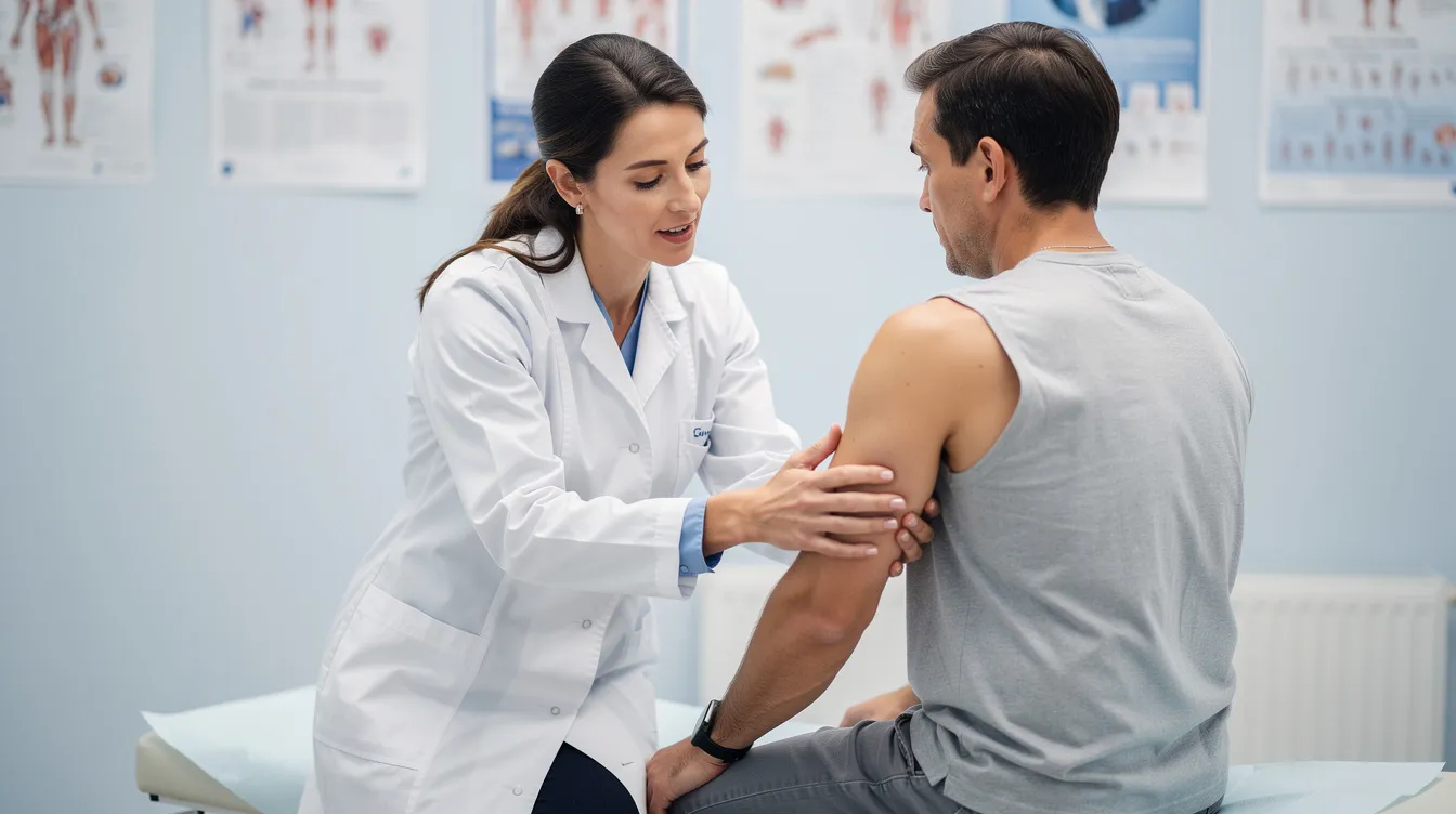 A medical professional is examining a patient's upper arm during a consultation, discussing concerns related to loose upper arm skin and excess fat deposits. This evaluation may lead to options like arm lift surgery or arm liposuction to address issues such as significant skin laxity and stubborn fat accumulation.