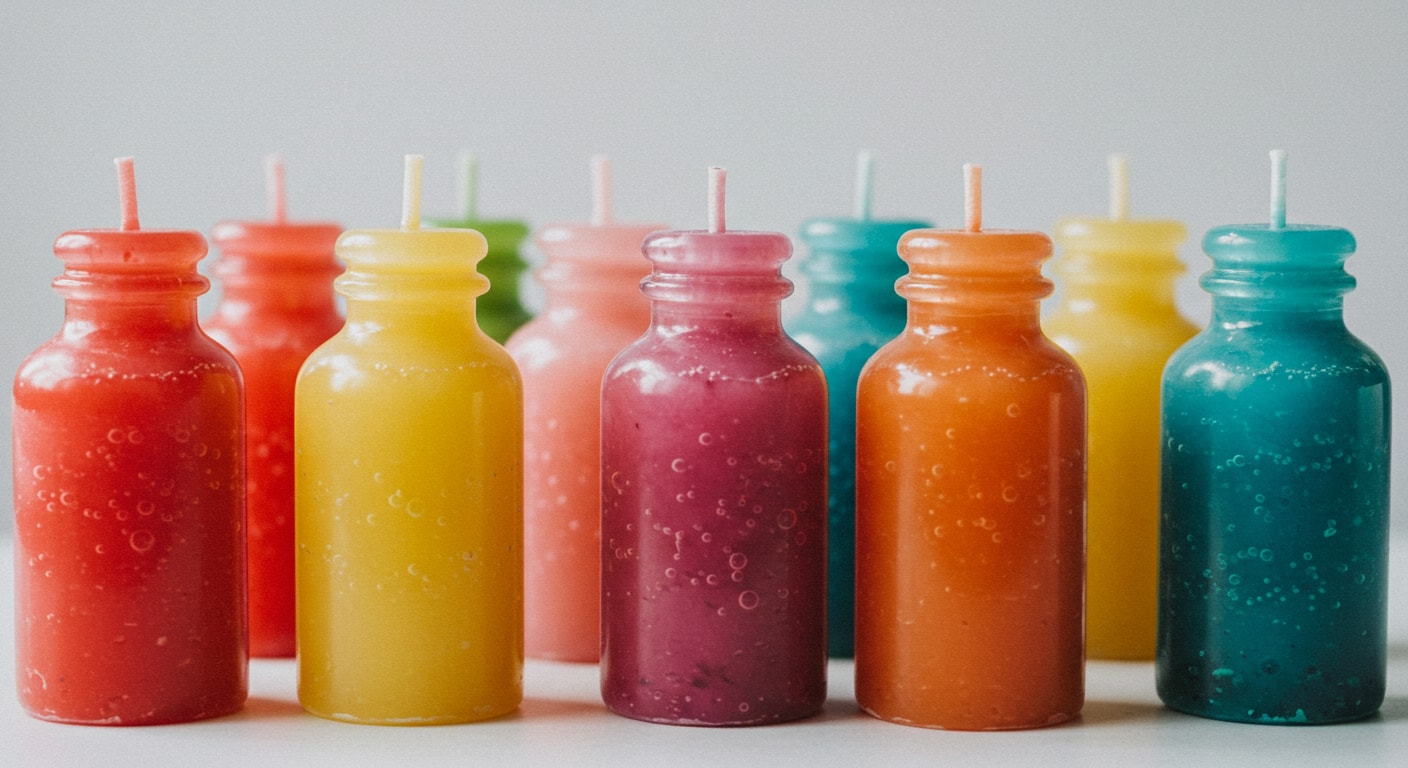 Non-branded wax bottles with colorful fruity syrups, resembling Nik-L-Nip wax bottles