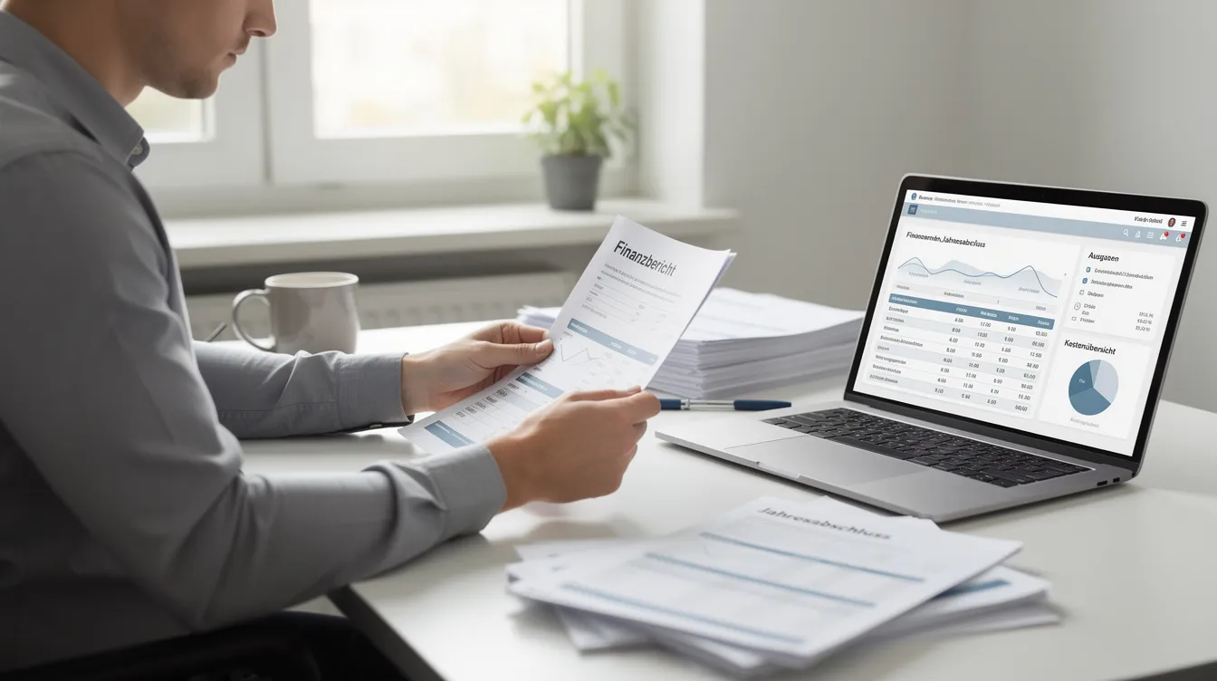 Eine Person überprüft sorgfältig Finanzunterlagen und Dokumente an einem aufgeräumten Arbeitsplatz mit einem Laptop, während sie sich mit Themen wie der Krypto Besteuerung und der einjährigen Haltefrist für Krypto Investments beschäftigt. Der Fokus liegt auf der aktuellen Rechtslage und den bevorstehenden Änderungen in der Besteuerung von Kryptowährungen.