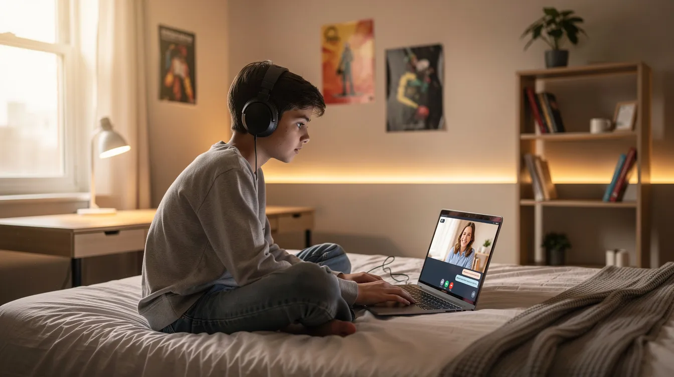 A teenager is sitting comfortably in a cozy bedroom, wearing headphones and focused on their laptop during a virtual therapy session with a licensed therapist. This image highlights the accessibility of online therapy services for mental health treatment, allowing young individuals to address their mental health needs from the comfort of their own home.