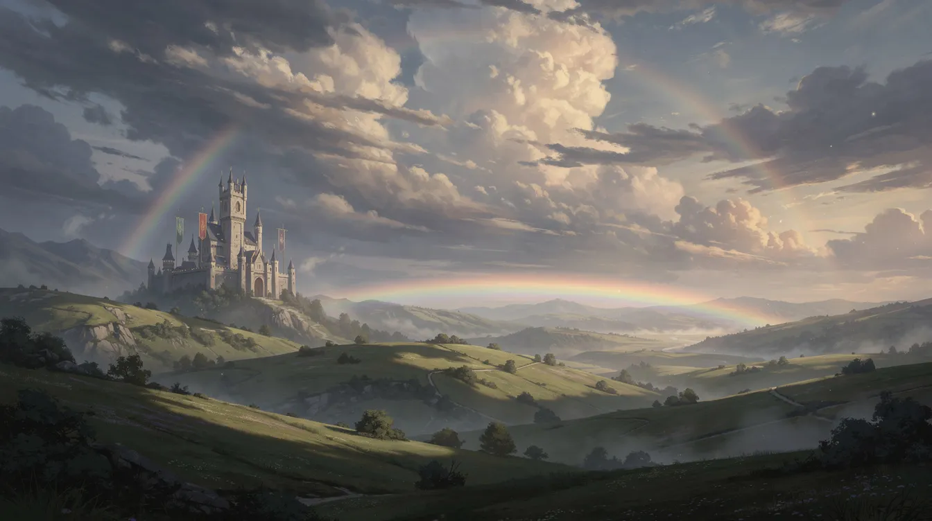 Die weitläufige Fantasielandschaft zeigt sanfte grüne Hügel, ein majestätisches Schloss in der Ferne und einen strahlenden Regenbogen am Horizont, umgeben von beeindruckenden Wolkenformationen, die an epische Filmproduktionen erinnern. Diese Szenerie könnte leicht Teil eines der besten Filme aller Zeiten sein, die die Zuschauer in eine andere Welt entführen.
