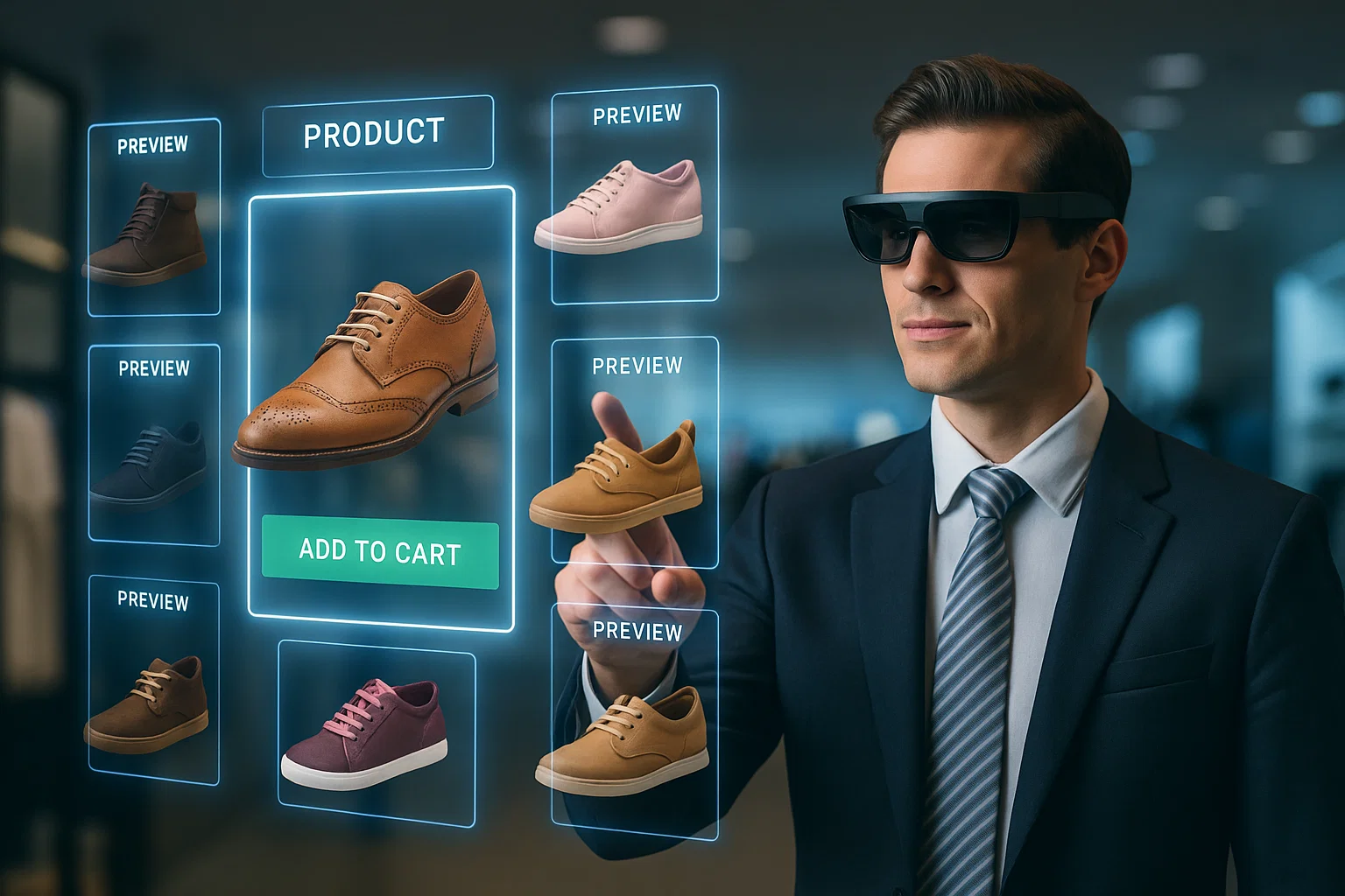 Person using AR glasses to interact with immersive digital brand advertising.