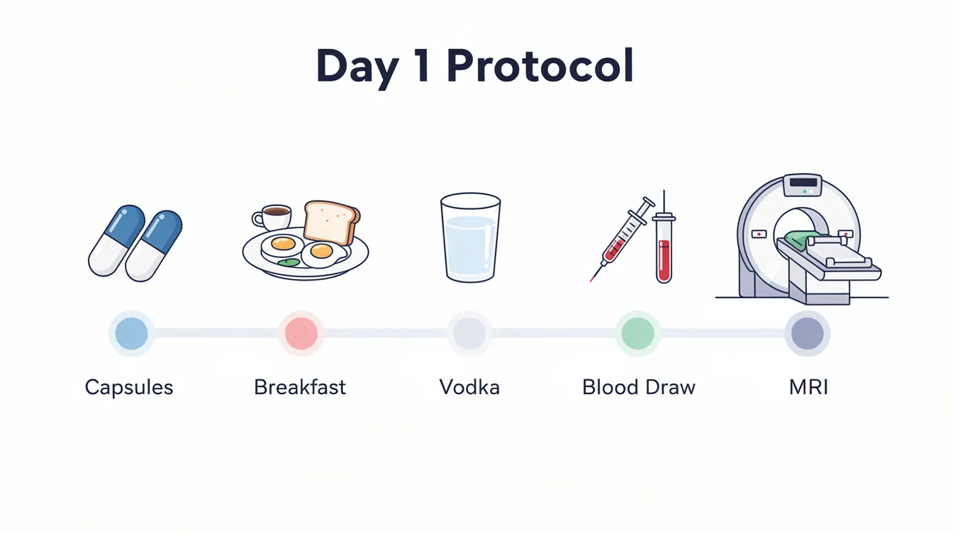 The image depicts a timeline for Day 1 of a research protocol, featuring icons representing various activities such as taking maltodextrin capsules, having breakfast, consuming vodka, undergoing blood draws, and receiving an MRI scan. This protocol is designed to study the effects of chronic alcohol consumption and its impact on liver metabolism and function in healthy young subjects.