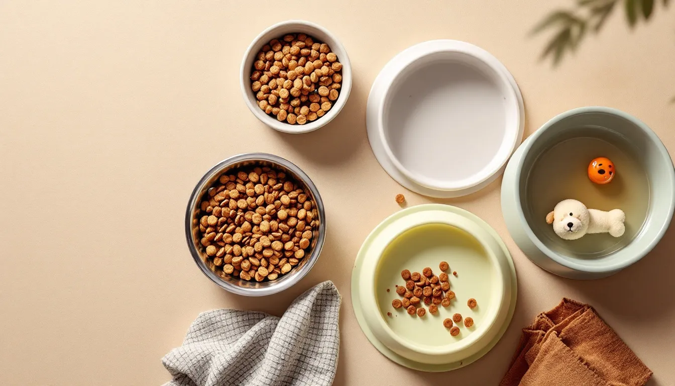 Hundfoder-skålar som innehåller både torrfoder och våtfoder. Bilden symboliserar valet av hundmat.