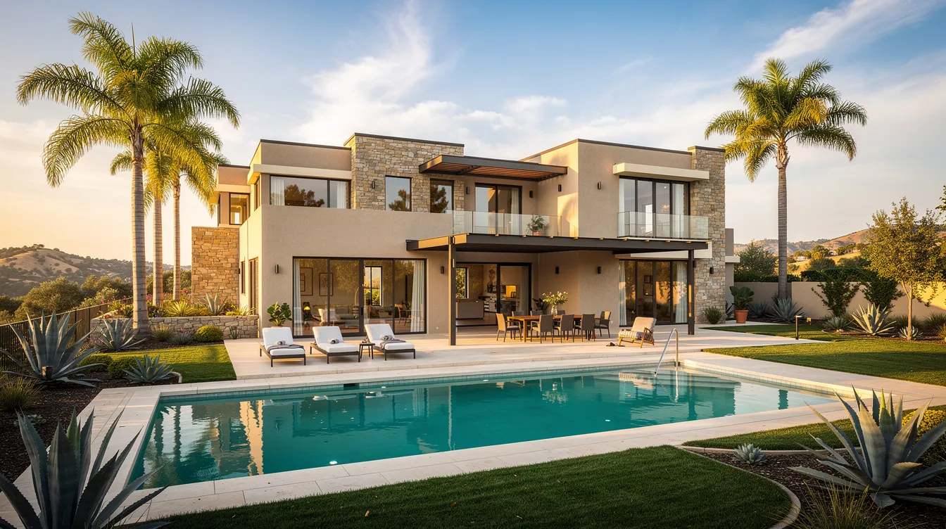 Die elegante Familienvilla mit Pool ist von einer sonnigen kalifornischen Landschaft umgeben und strahlt Luxus aus. Sie könnte das Zuhause eines Stars wie Will Smith oder Johnny Depp sein, die beide für ihre beeindruckenden Filmkarrieren und ihr Vermögen bekannt sind.