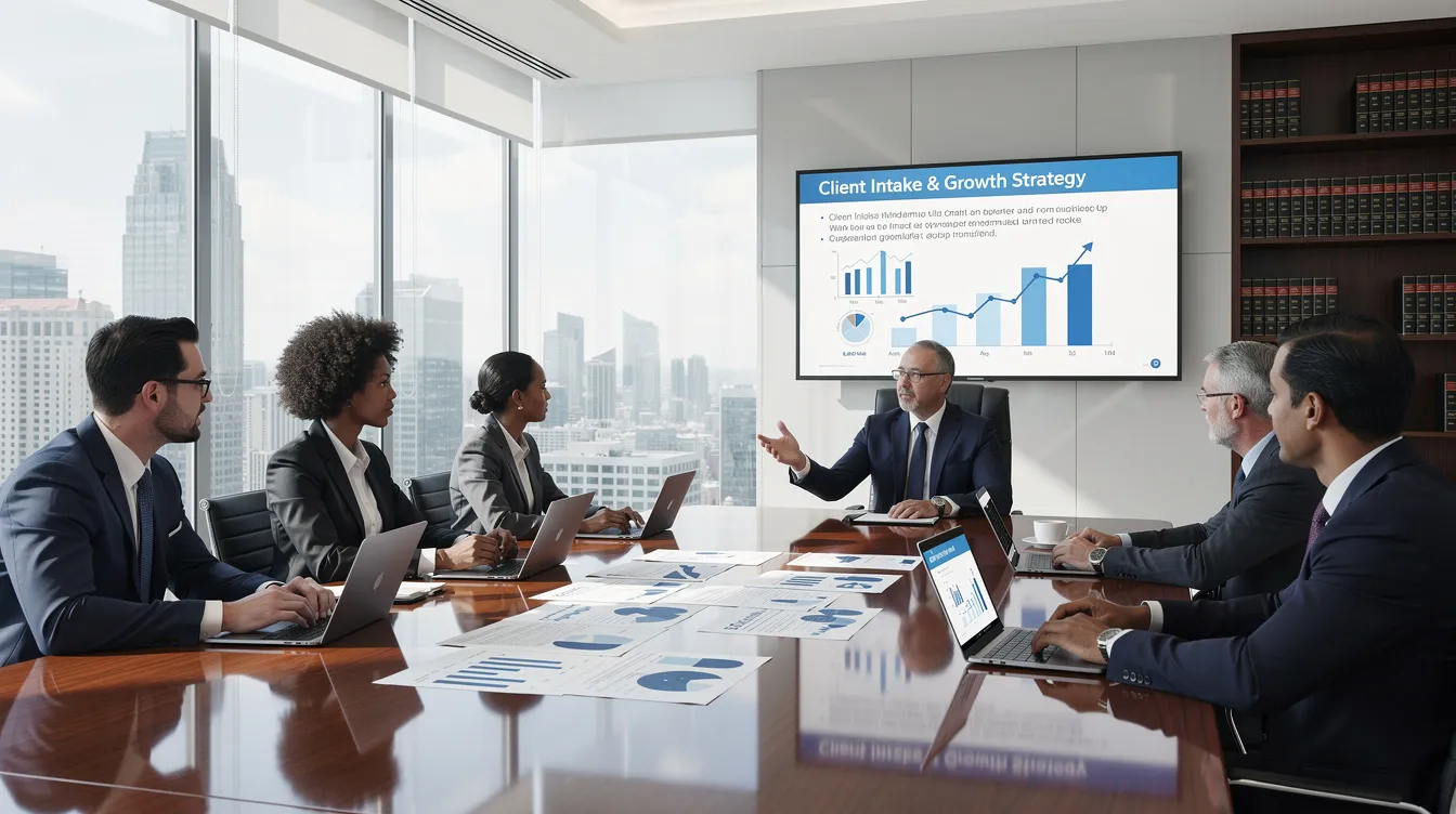 A legal team is gathered in a conference room, discussing strategies for client intake and growth, focusing on PPC advertising and optimizing ad spend for law firms. They are analyzing key metrics and planning effective PPC campaigns to attract prospective clients in competitive legal markets.