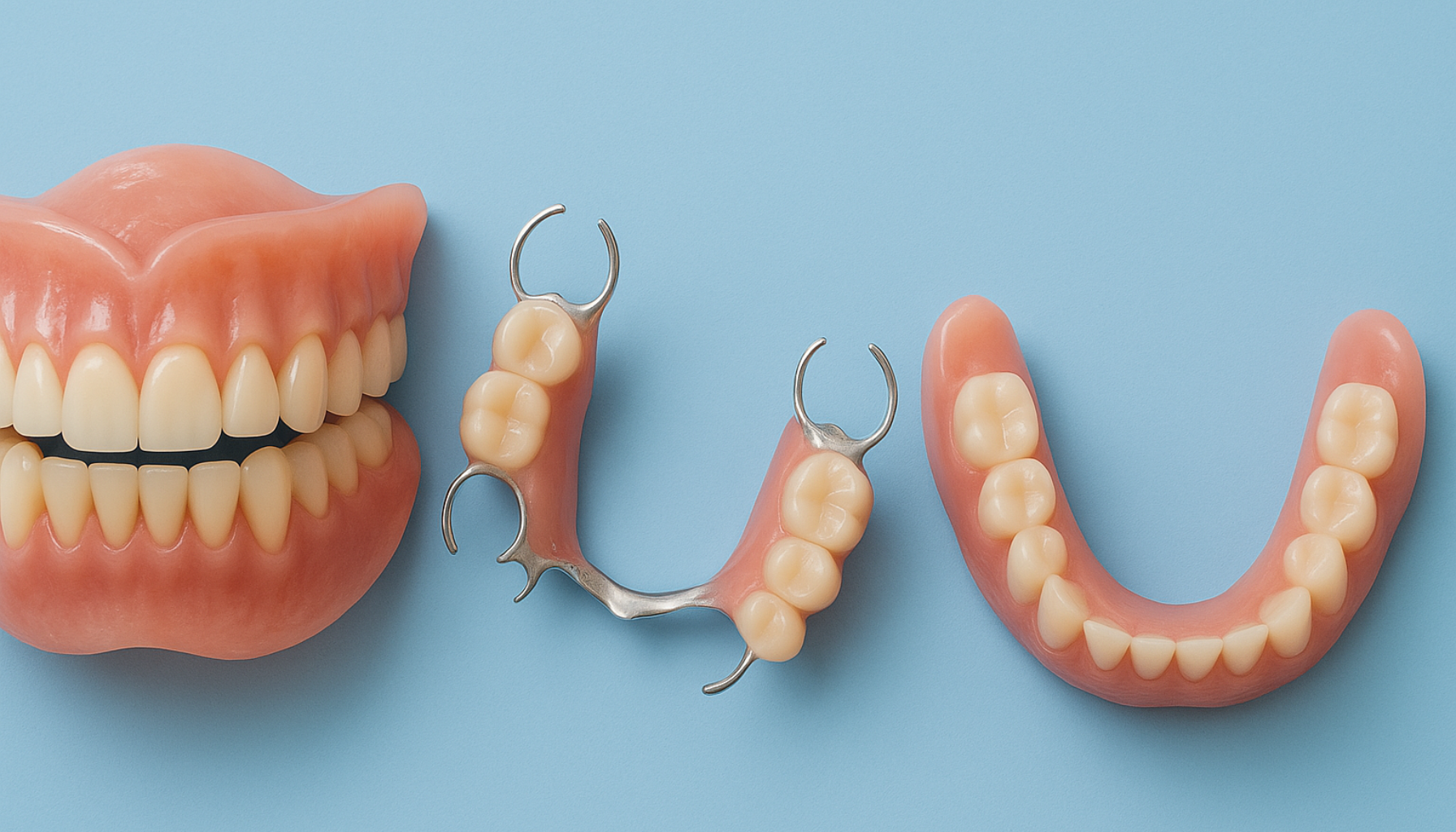 Protese – Alt du bør vite om tannproteser 11 Ulike typer tannproteser inkludert helprotese, delprotese med metallklammer og underkjeveprotese på blå bakgrunn."