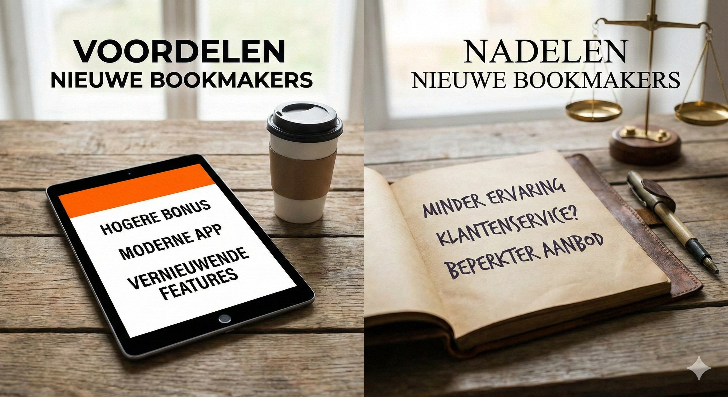 Voor- en nadelen van nieuwe bookmakers: tablet met voordelen zoals hogere bonus en moderne app naast boek met nadelen zoals minder ervaring.