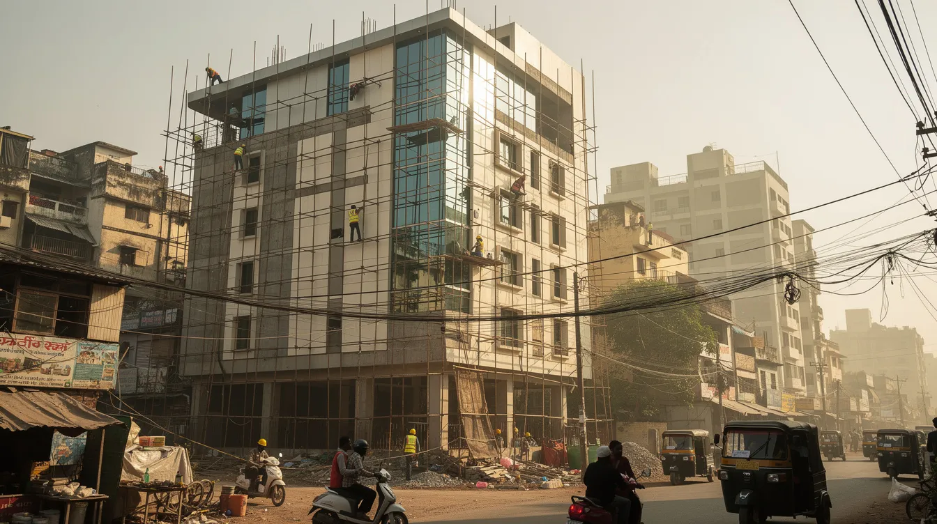 7a1666e0 d483 4185 bff8 72a382bb8ab9 The image depicts a mid-rise hotel building under construction in an Indian city, showcasing scaffolding and workers actively engaged in the development process. This project highlights the growth within the hospitality and tourism sector, emphasizing the significance of new hotels in enhancing the local economy.