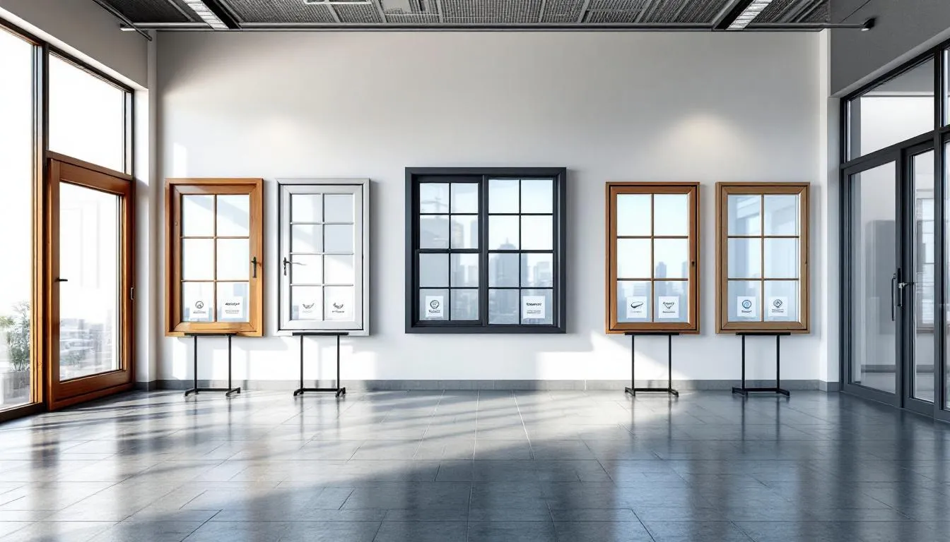 Een showroom met een verscheidenheid aan merken kozijnen, waaronder kunststof, aluminium en houten kozijnen, die allemaal voorzien zijn van certificeringen. De ruimte toont de verschillende opties voor nieuwe kozijnen, met aandacht voor energie-efficiëntie en maatwerkoplossingen, ideaal voor zowel renovatieprojecten als nieuwbouw.