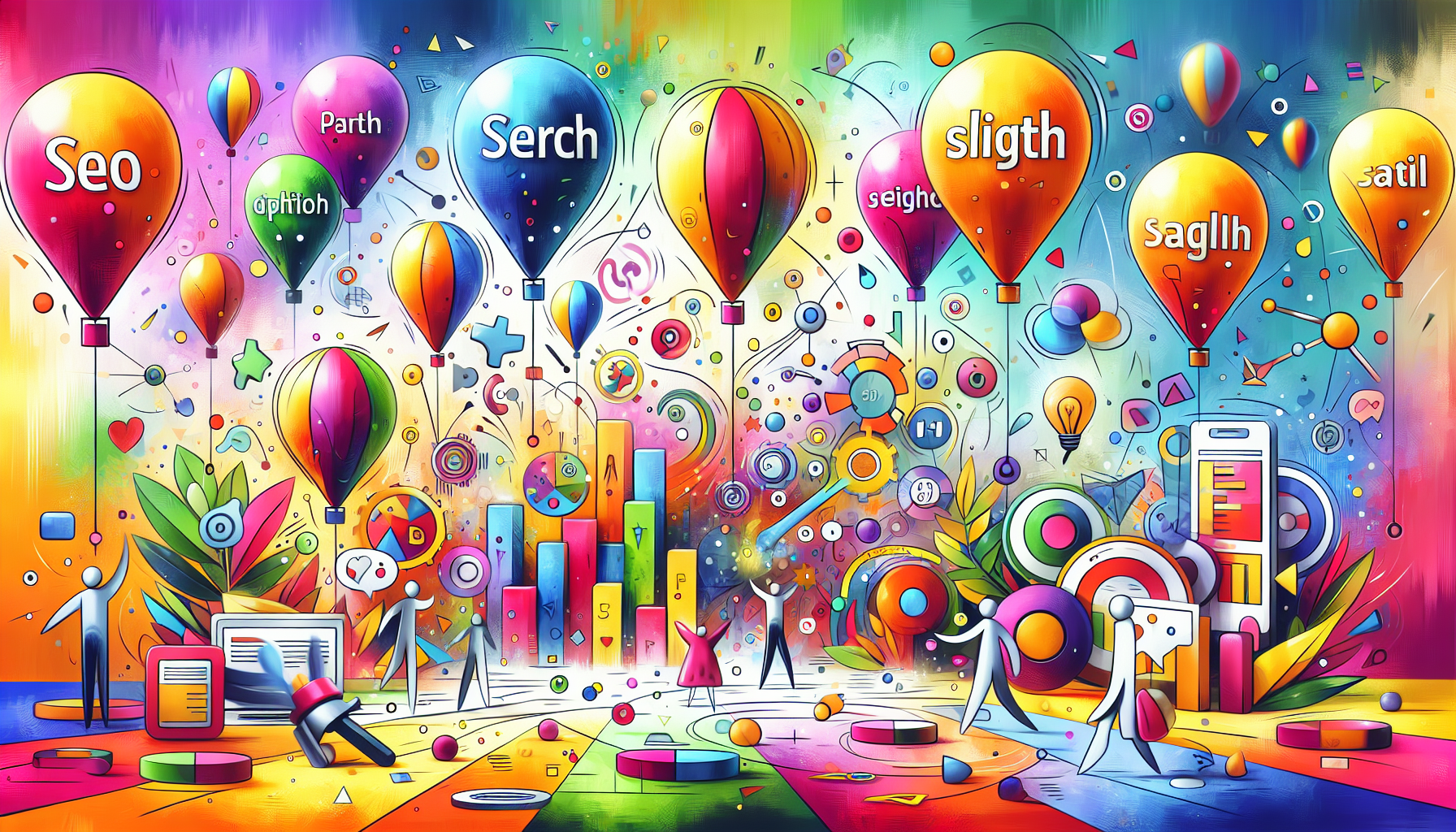 An illustration representing SEO strategies for online stores, showcasing elements like keywords and search engines.