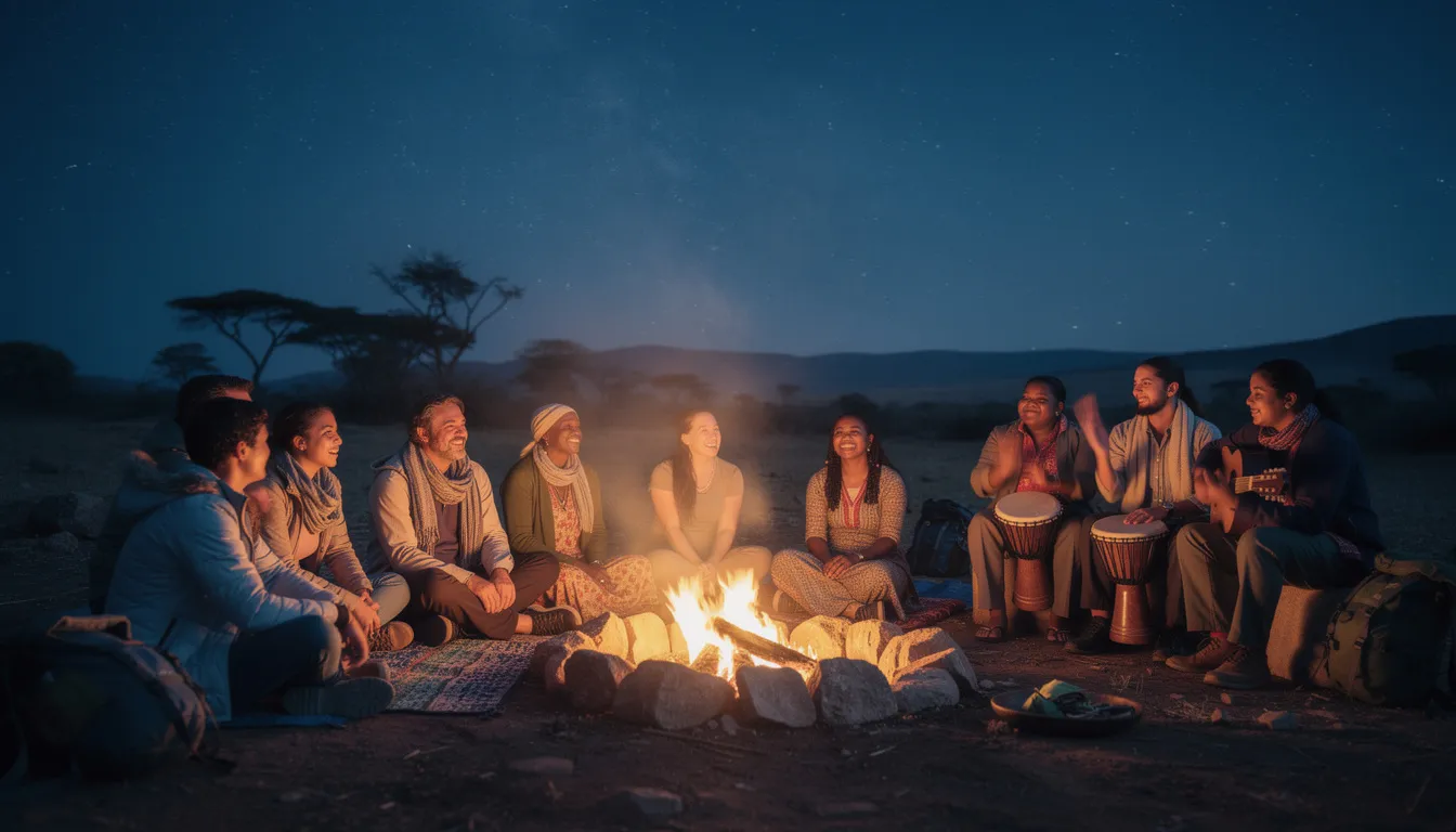 A group of travelers gathers around a fire pit at night, enjoying the warmth and traditional music from musicians playing drums under a starry sky, creating a cozy atmosphere in the vast desert. This scene captures the essence of a unique desert experience, where adventure and culture blend harmoniously.