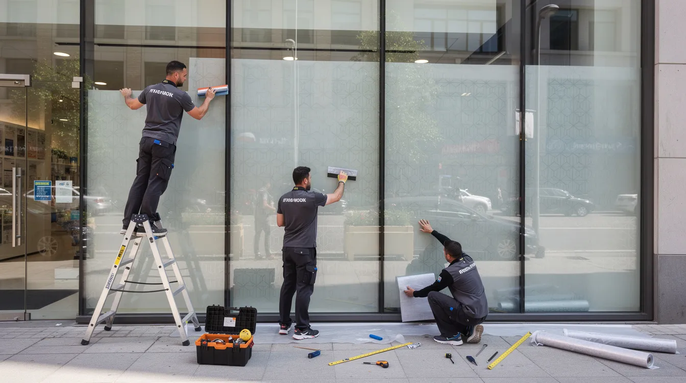 Two technicians are carefully applying decorative window film to a large glass storefront, enhancing its aesthetic appeal. This work is part of a semi absentee home services franchise opportunity, showcasing the potential for business ownership with flexible schedules and proven systems.