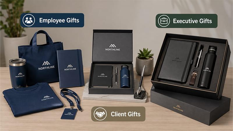 Employee gifts, executive gifts, and client gifts compared as premium alternatives to promotional swag