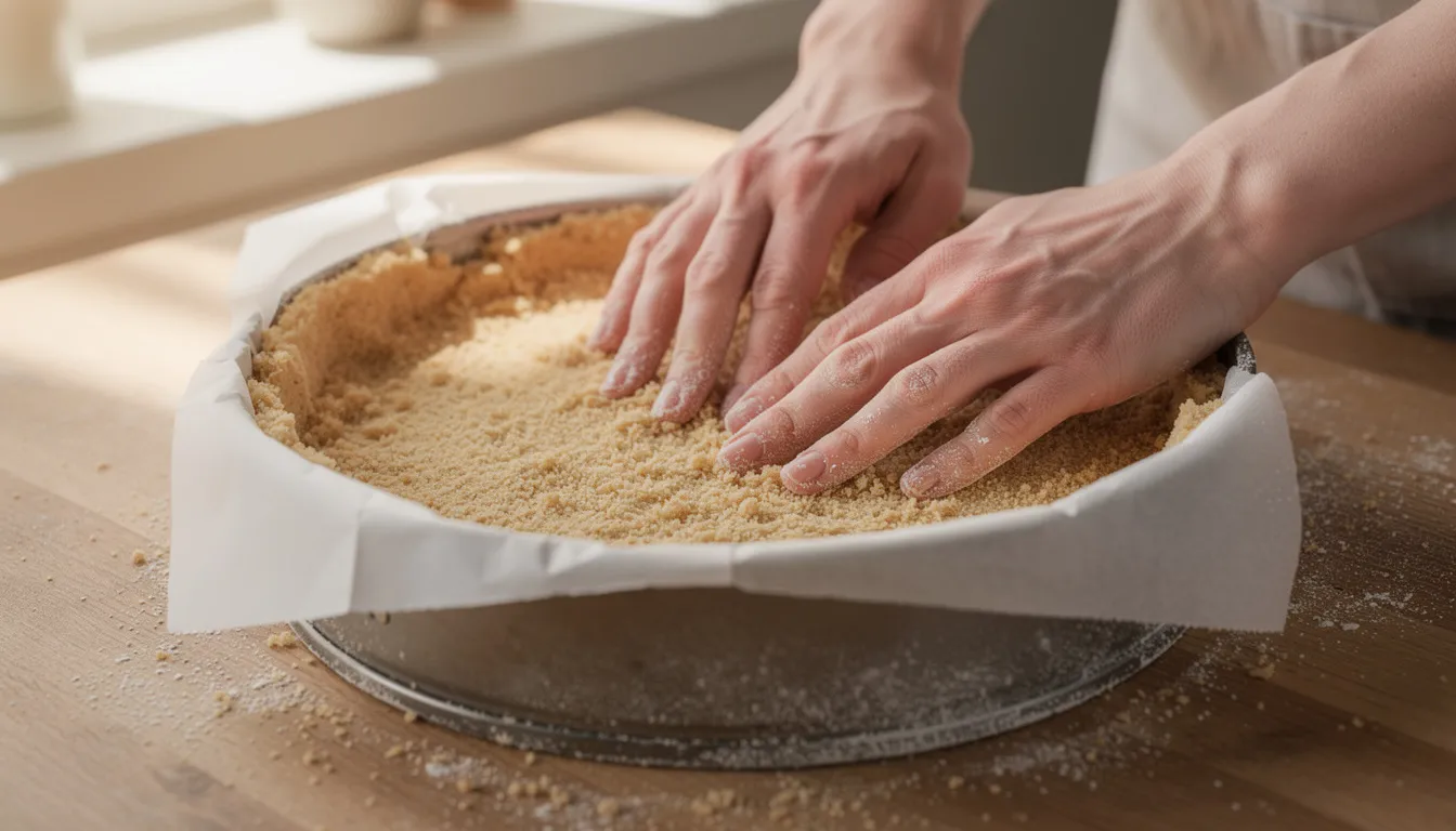 Die Hände drücken Kekskrümel fest in eine runde Springform, die mit Backpapier ausgekleidet ist, um den Boden für einen köstlichen Matcha Cheesecake vorzubereiten. Die Mischung aus Keksen und Butter wird gleichmäßig verteilt, um eine feste Grundlage für die cremige Füllung zu schaffen.