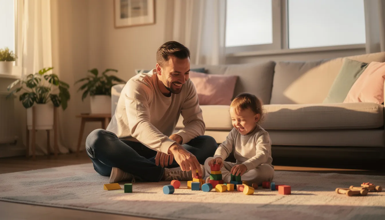 A father sits on the floor of a cozy living room, engaging joyfully with his young child as warm evening light fills the space. This scene captures the strong bond and emotional connection between them, highlighting the importance of a physically present and emotionally involved dad in nurturing healthy relationships.