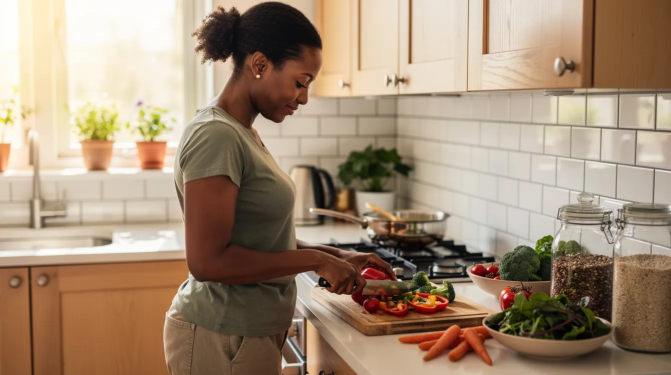 An African-American woman, around 40 years old, stands in her kitchen preparing a healthy meal, surrounded by fresh fruits and vegetables. She is focused on making dietary choices that support women's health and manage fibroid symptoms, avoiding processed foods and refined carbohydrates that can fuel fibroid growth.