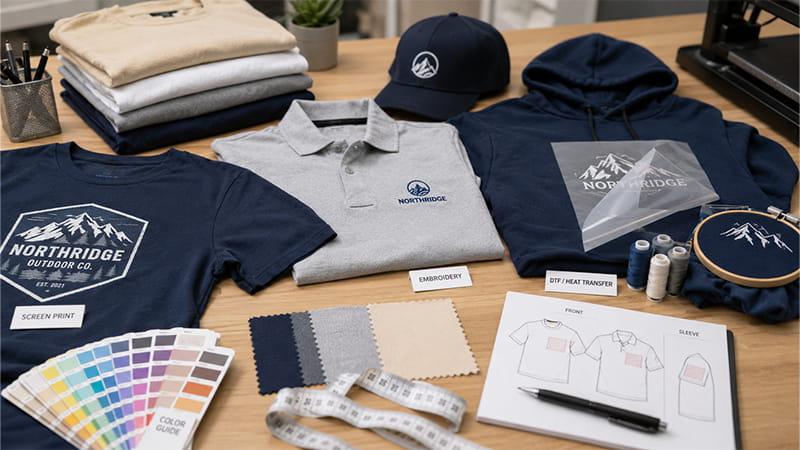 Apparel decoration methods including screen printing, embroidery, and DTF heat transfer on custom garments