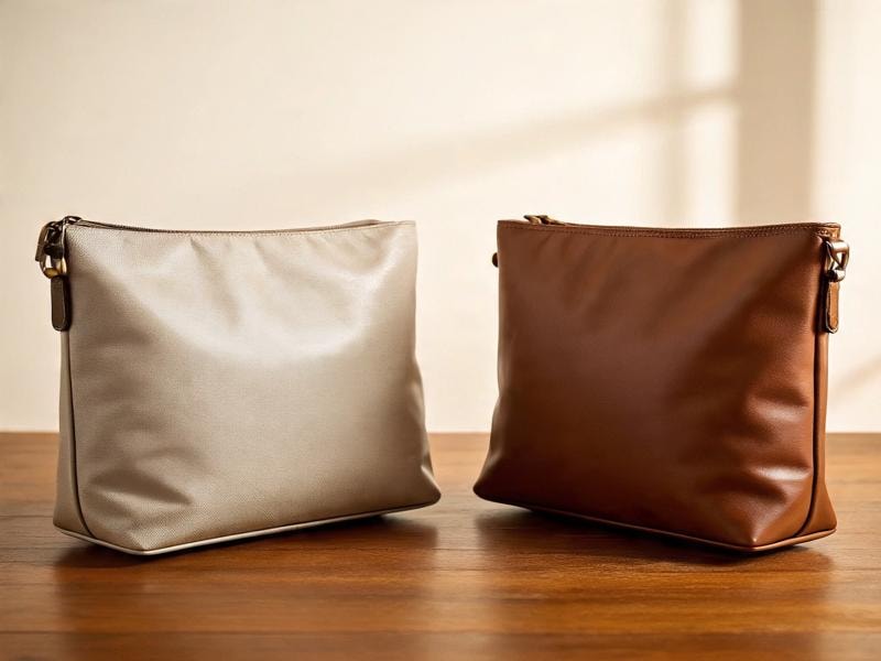 Two structured shoulder bags, made from a smooth leather-like material, are displayed side by side on a wooden table. The bag on the left is made from coated canvas, while the one on the right made from leather. Both of them feature metal hardware and a minimal design, with soft natural light casting shadows behind them.