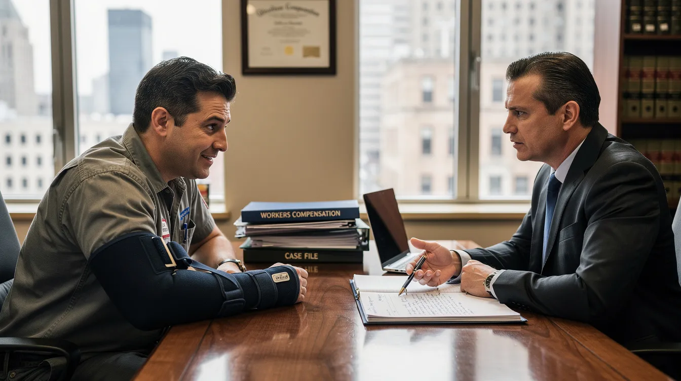 An injured worker is consulting with an experienced workers compensation attorney in an office setting, discussing their rights and options regarding workers compensation benefits for their workplace injury. This conversation may include topics such as medical treatment, lost wages, and the potential for temporary or permanent disability benefits under Colorado workers compensation laws.