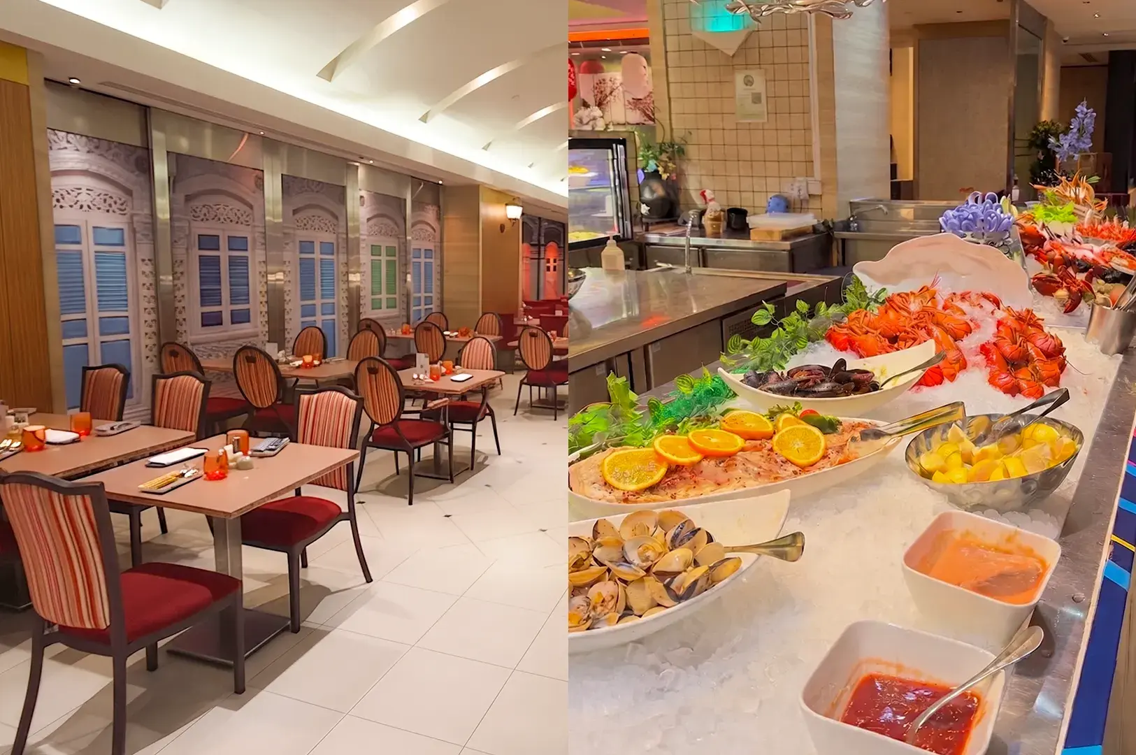 Elegant dining area and fresh seafood buffet spread at Carousel restaurant, Orchard, featuring heritage-style interior decor.