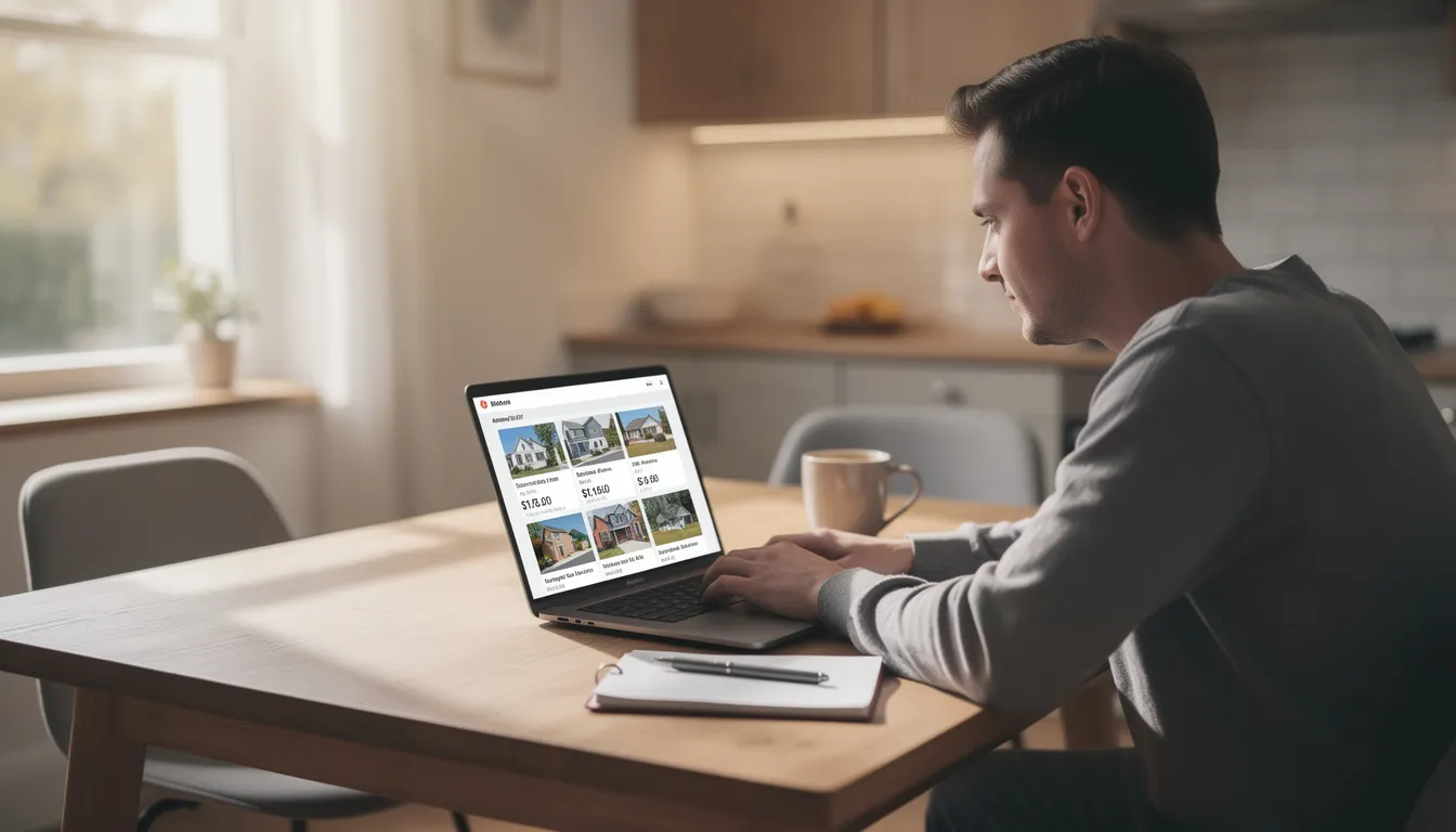 A person is sitting at a kitchen table, focused on browsing home listings on a laptop, exploring various properties for sale in their desired area. The scene captures the essence of real estate searching, as they navigate through options to find their ideal home.