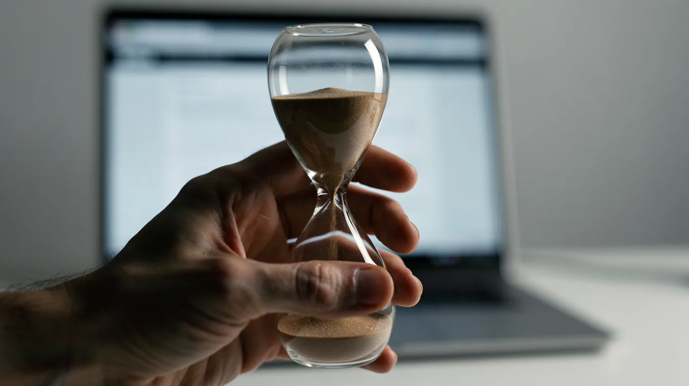 Eine Hand hält eine Sanduhr, während im Hintergrund ein unscharfer Laptop-Bildschirm zu sehen ist. Die Szene vermittelt ein Gefühl von Zeitdruck und Konzentration, passend zu Themen wie Online-Casinos und Glücksspiel.