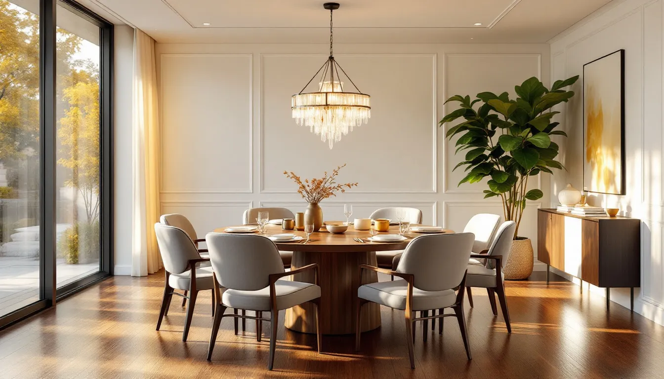 A well-lit round dining room set, creating an inviting atmosphere for dinner parties.