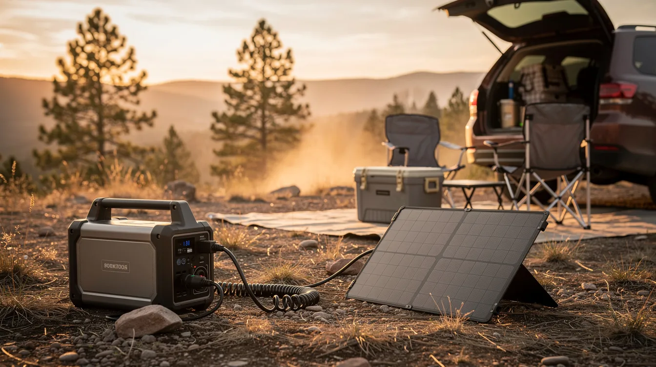 The image depicts a portable power station connected to a folding solar panel, set up beside a car camping arrangement that includes a cooler and camp chairs. This setup illustrates the benefits of a solar power system for off-grid living, embracing renewable energy for outdoor adventures.