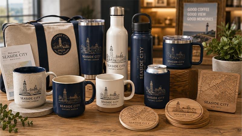 Functional souvenirs including coffee mugs, tumblers, water bottles, can coolers, and wooden coasters