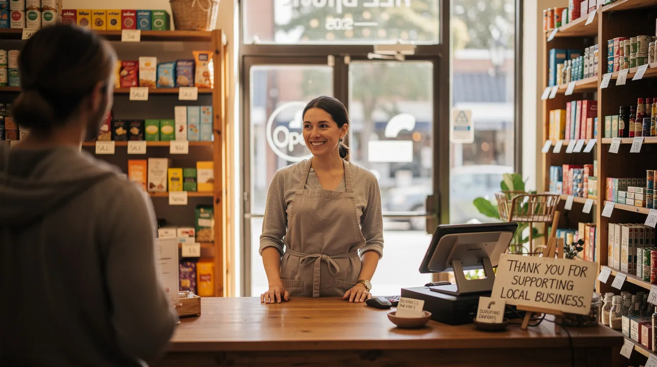 A small business owner is seen working diligently in a retail shop, surrounded by products and merchandise, while engaging with customers. The atmosphere is lively, reflecting the hustle of daily operations in the retail industry, where financial decisions such as申請免tu貸款 can impact business growth.