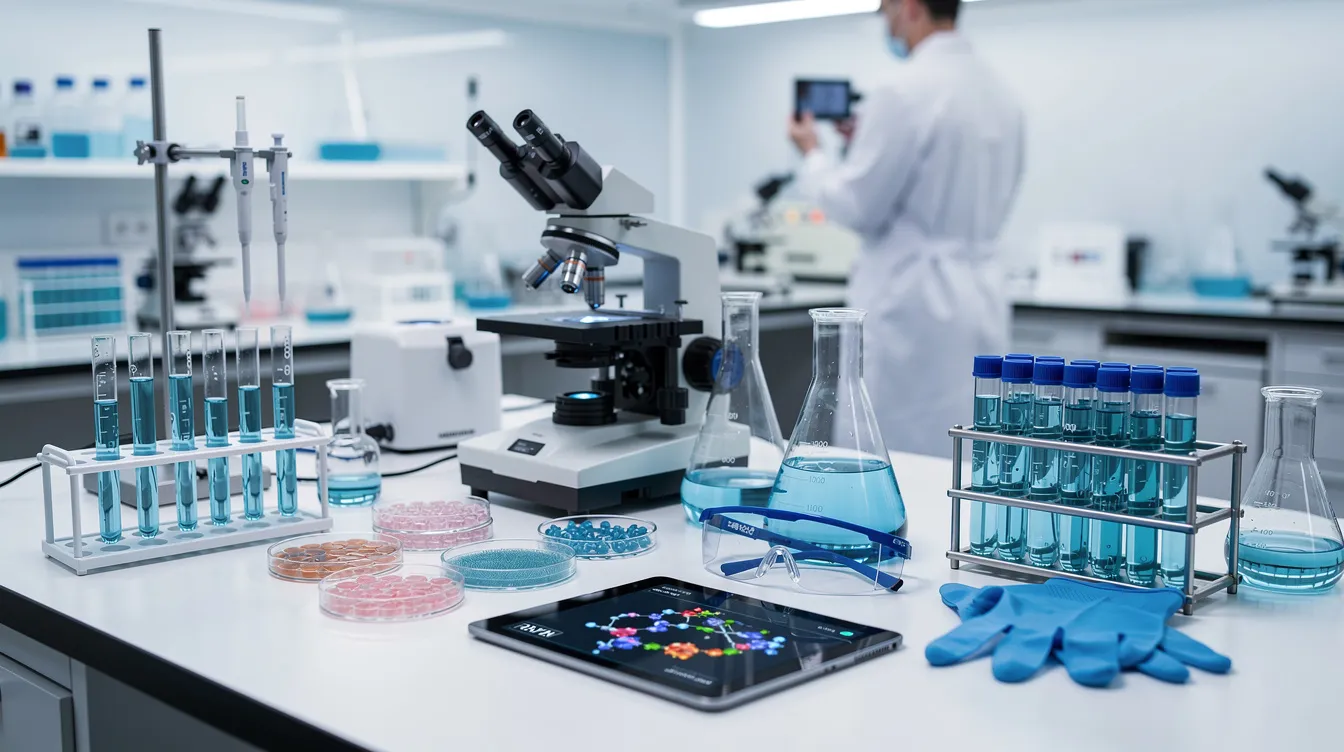 The image depicts a laboratory setting filled with various medical research equipment, where scientists are conducting experiments involving female and male mice to study interventions that may extend lifespan. This research aims to understand the effects of treatments on aging cells and tissue repair, contributing to the broader field of longevity and health in both animals and potentially humans.