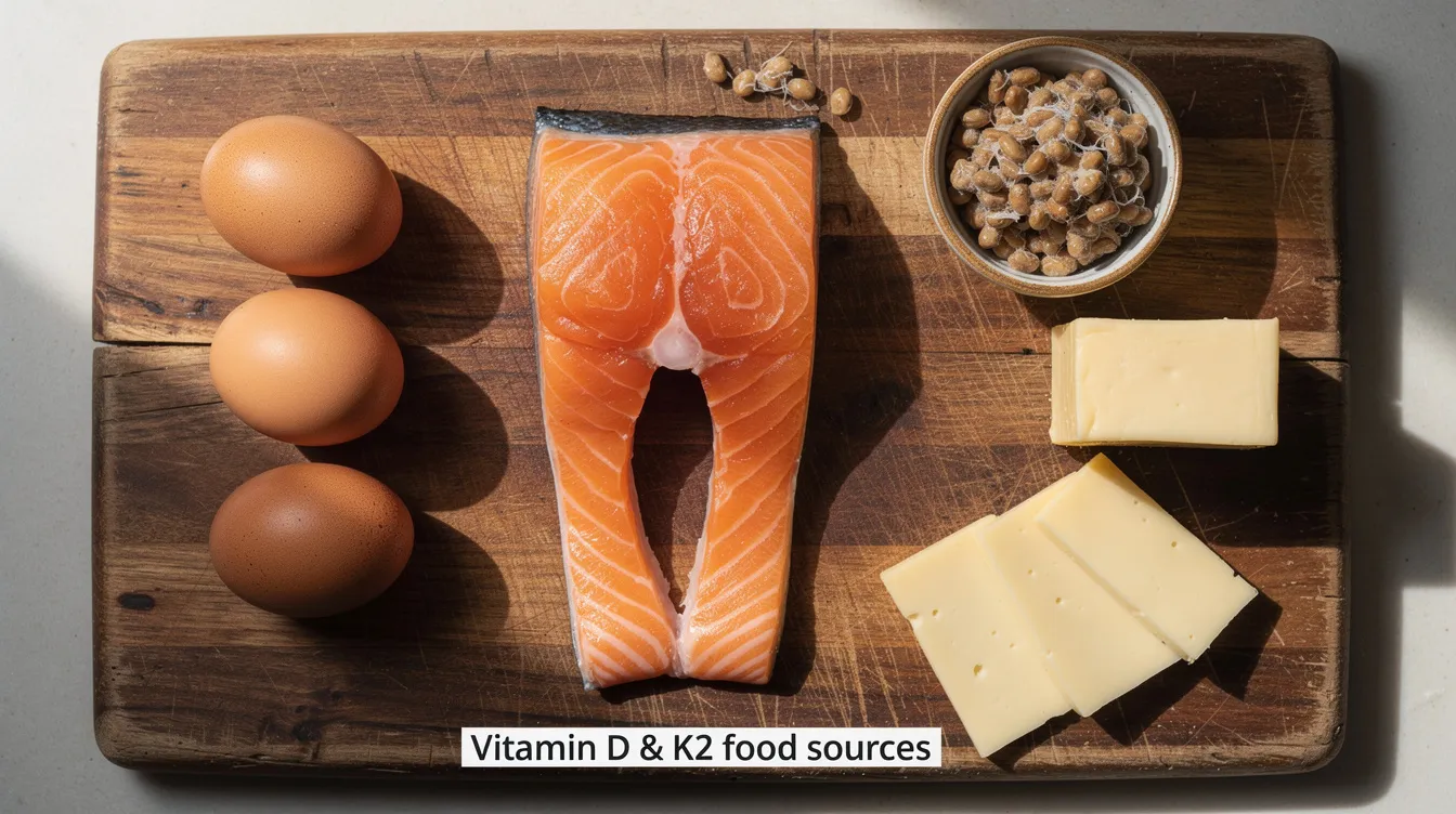 The image features a wooden board displaying a salmon fillet, eggs, cheese, and natto, highlighting various food sources rich in vitamin D and K2, which are essential for bone health and cardiovascular health. This arrangement emphasizes the importance of adequate vitamin D levels for optimal calcium absorption and overall health.